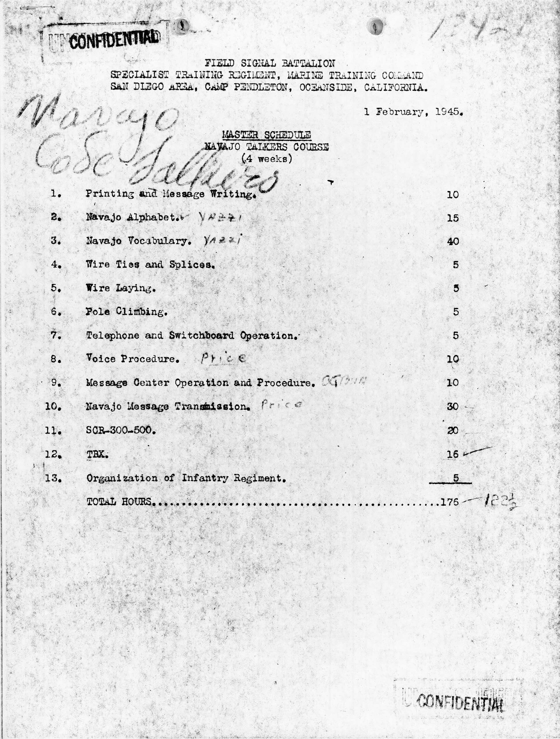Daily schedule for a Navajo code course during World War II